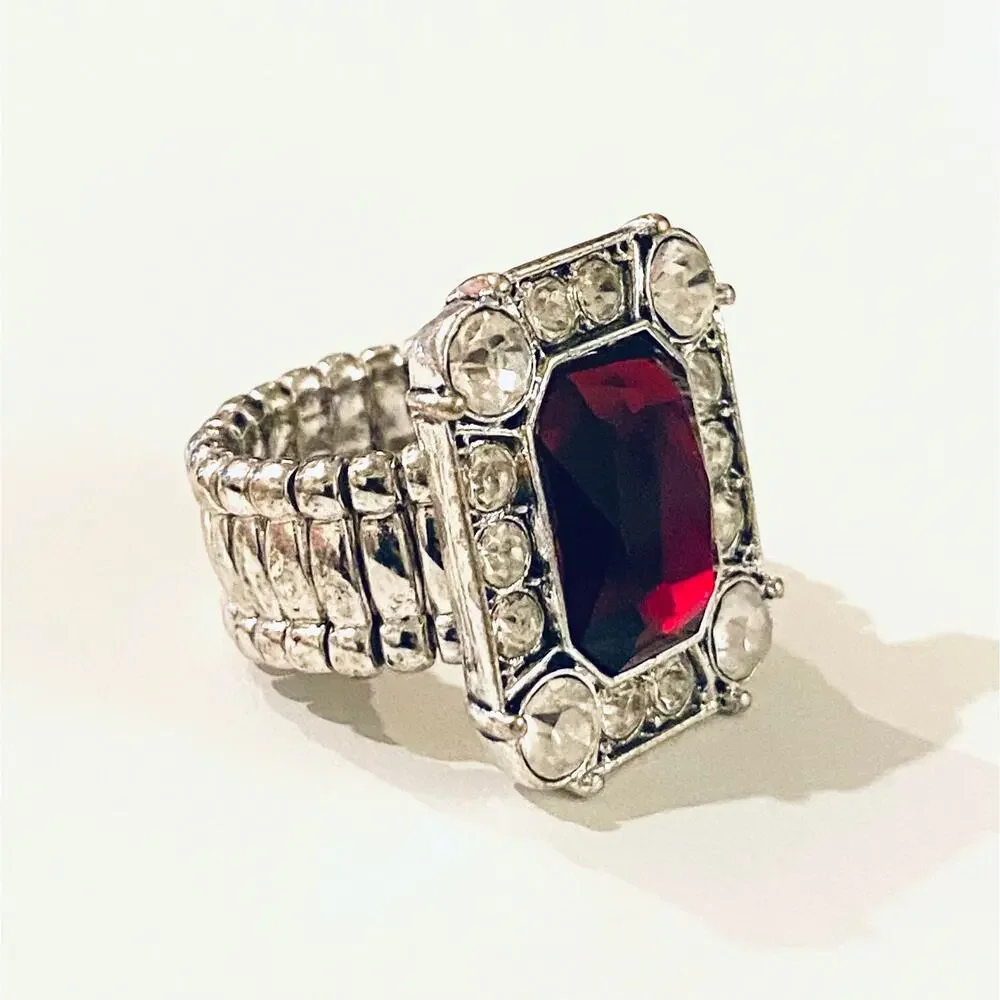 Silver Stretch Ring with Red Stone
